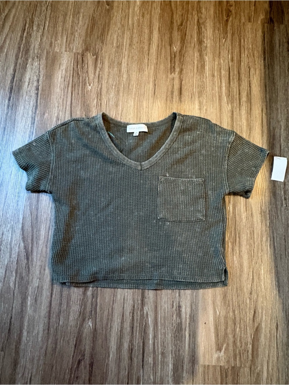 Women Acid Wash Olive Green Waffle V-Neck Pocket Tee